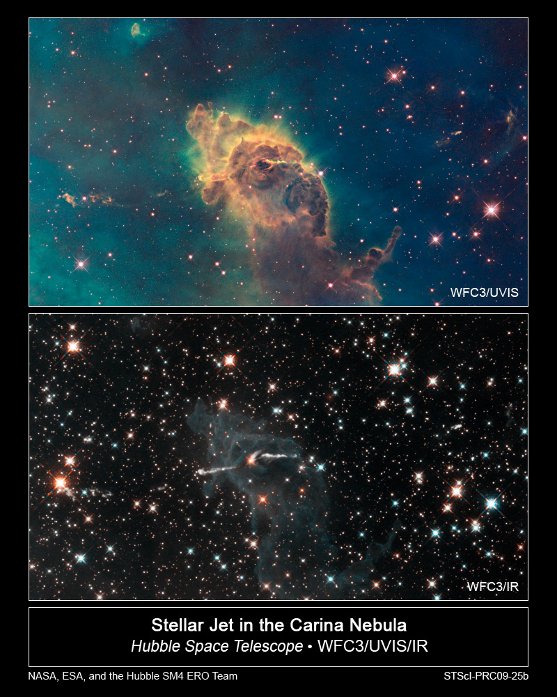 Alternative Hubble Space Telescope views of the Carina Nebula, comparing ultraviolet and visible (top) and infrared (bottom) astronomy. Far more stars are visible in the latter.